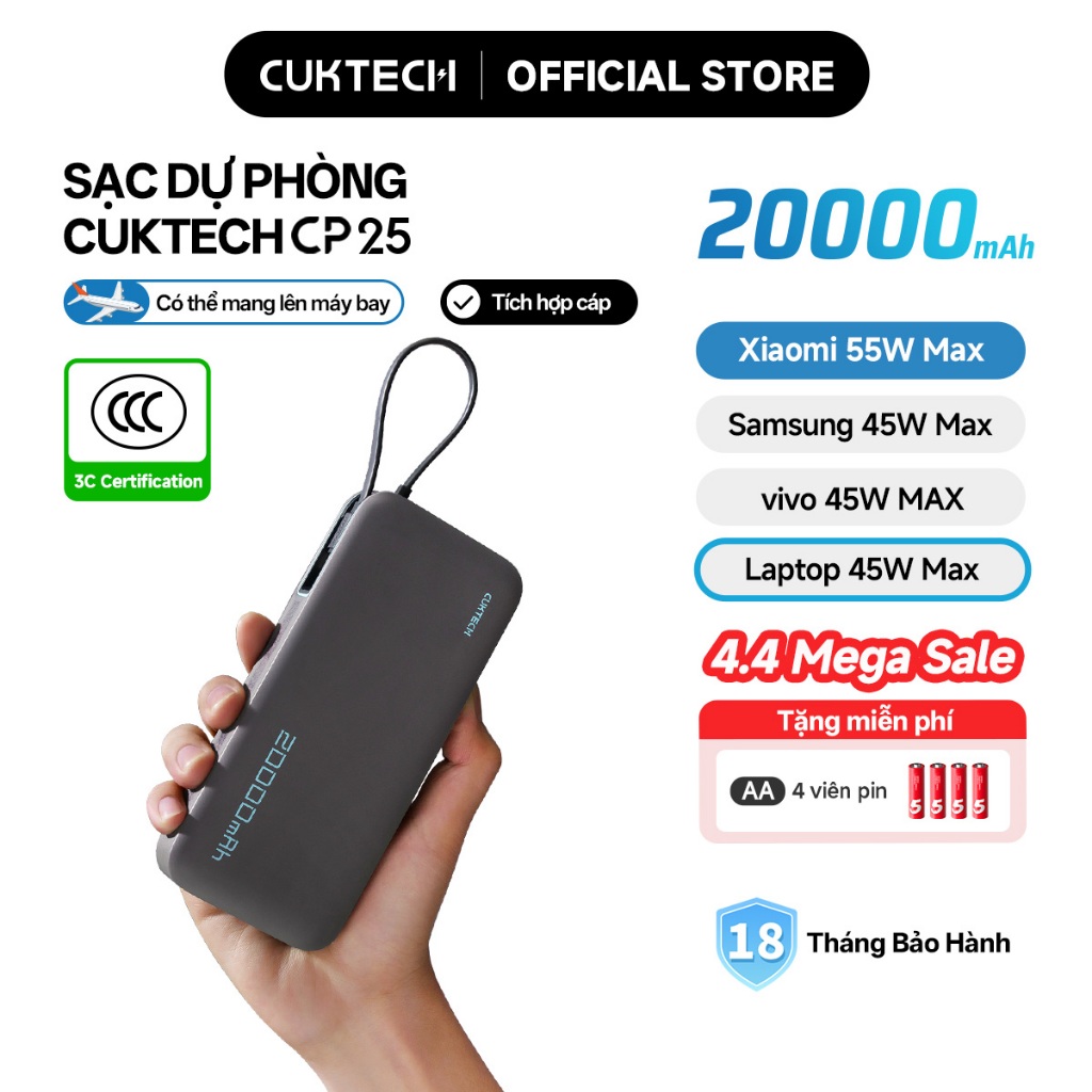 【Được chứng nhận CCC】CUKTECH Sạc Nhanh 55W 20000mAh – Tích Hợp Dây, Hỗ Trợ Xiaomi 55W Samsung 45W Laptop 45W iP 17/16/15 | BigBuy360 - bigbuy360.vn