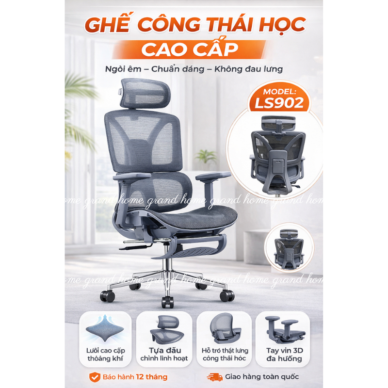 Ghế Công Thái Học LS902 Ghế Văn Phòng Lưới 3D Tựa Đầu Tay Vịn 4D Hỗ Trợ Cột Sống Có Gác Chân Ngả Lưng | BigBuy360 - bigbuy360.vn