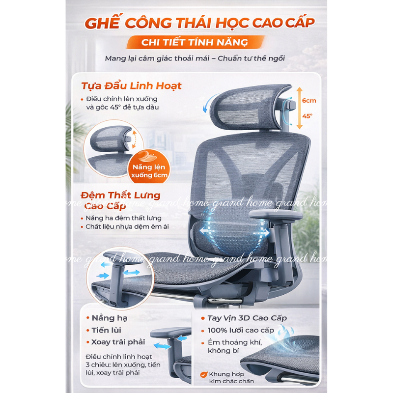 Ghế Công Thái Học LS902 Ghế Văn Phòng Lưới 3D Tựa Đầu Tay Vịn 4D Hỗ Trợ Cột Sống Có Gác Chân Ngả Lưng | BigBuy360 - bigbuy360.vn