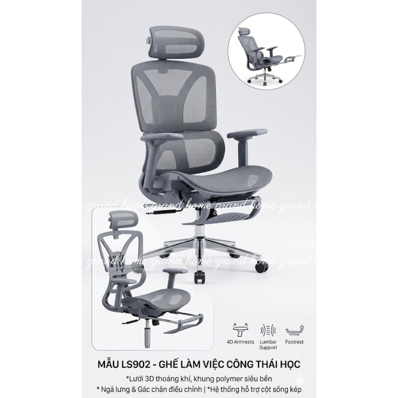 Ghế Công Thái Học LS902 Ghế Văn Phòng Lưới 3D Tựa Đầu Tay Vịn 4D Hỗ Trợ Cột Sống Có Gác Chân Ngả Lưng | BigBuy360 - bigbuy360.vn