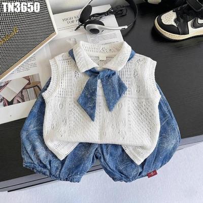 Set Bộ Công Tử Bé Trai Phong Cách Hàn Quốc Áo Sát Nách Dệt Lỗ Phối Nơ Quần Bí Bom MINTSCLOSET TN3650