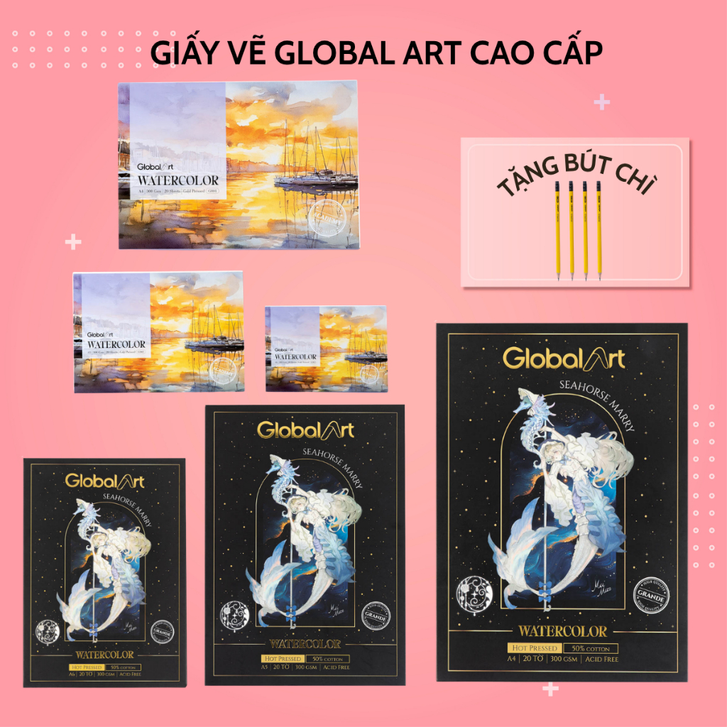 (HOT)Giấy Vẽ Màu Nước Global Art Vân Hot Cold 300gsm Giấy 50% Cotton Hấp Thụ Và Loang Màu Tốt