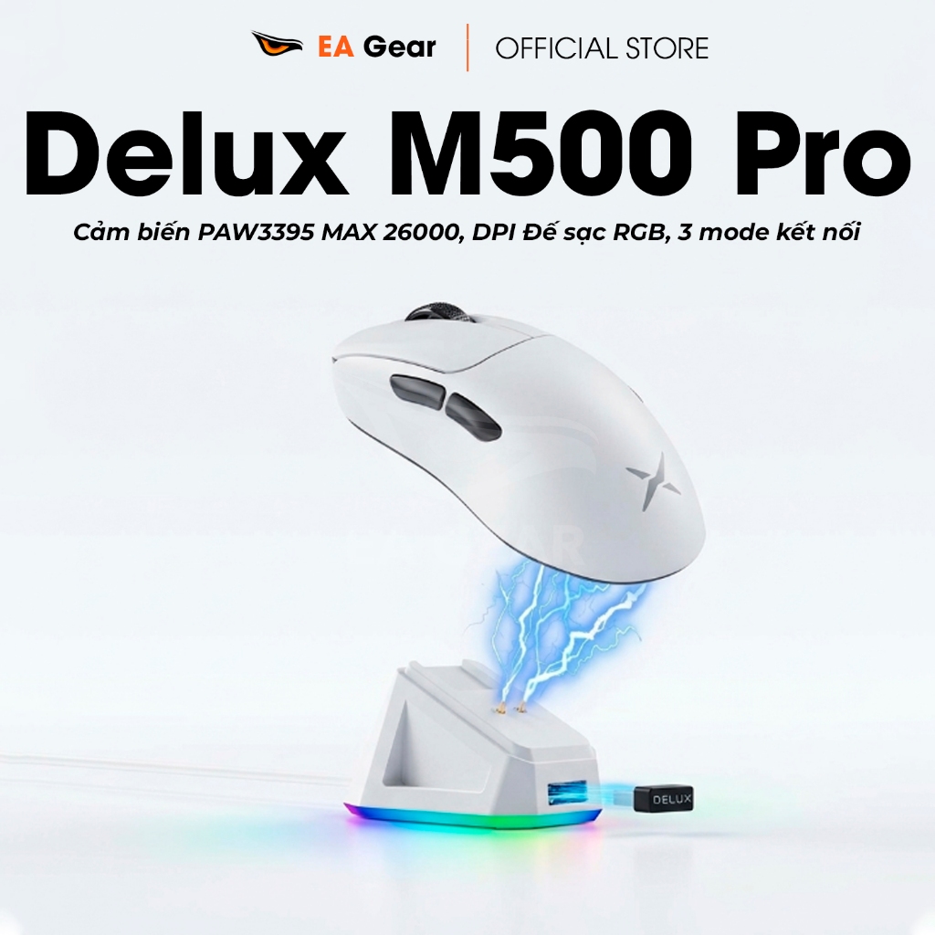 Chuột Gaming Không Dây Siêu Nhẹ Delux M500 Pro 3 Modes Cảm Biến PixArt PAW3395 Có Dock Sạc - EA Gear