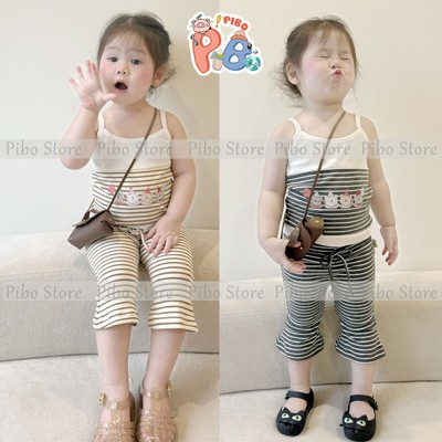 Bộ 2 Dây Kẻ Lé Thân Phối Quần Loe Kẻ Ngắn Siêu Cưng, Chất Mềm Mịn, Thấm Hút Mồ Hôi- BHDK01LNK-SIMEEFA-Pibo Store