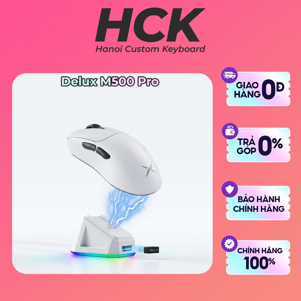 Chuột Gaming Không Dây Siêu Nhẹ Delux M500 Pro 3 Modes Cảm Biến PixArt PAW3395 Có Dock Sạc - HCK