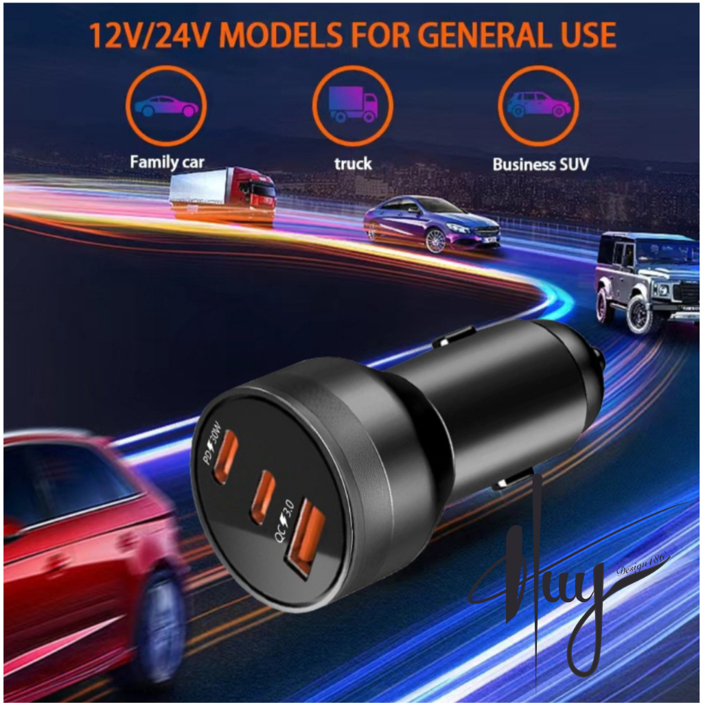 Tẩu sạc ô tô, sạc nhanh PD 30W+PD 30W+QC3.1A an toàn chống cháy nổ, cổng USB và Type-C (PD)