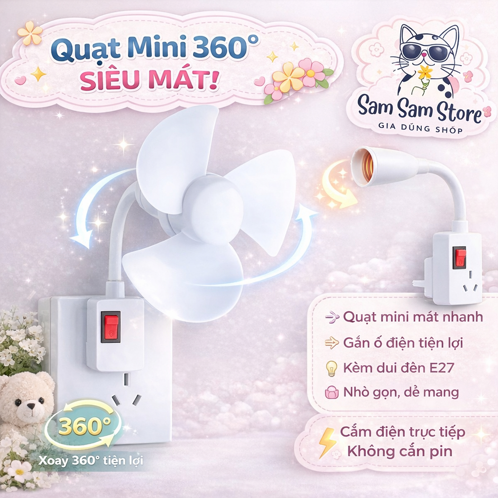 Quạt Trần Mini Gắn Đui Đèn E27 Kèm Phích Cắm – Quạt Trần Mini 3 Cánh Làm Mát Phòng, Quạt Tiết Kiệm Điện Cho Phòng