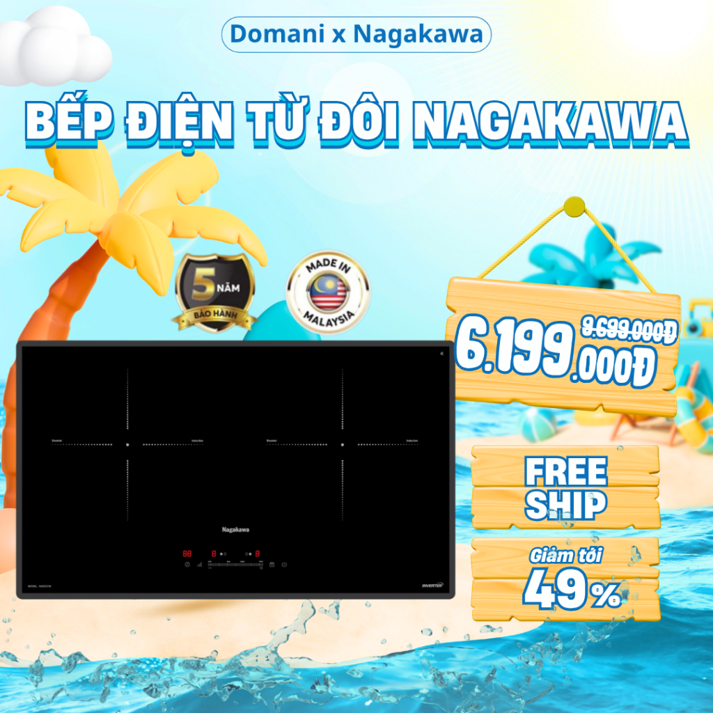 Bếp đôi điện từ Nagakawa UltraSlim NK2C21M – 2 vùng nấu, công suất tới 2000W + 2700W, Inverter tiết 