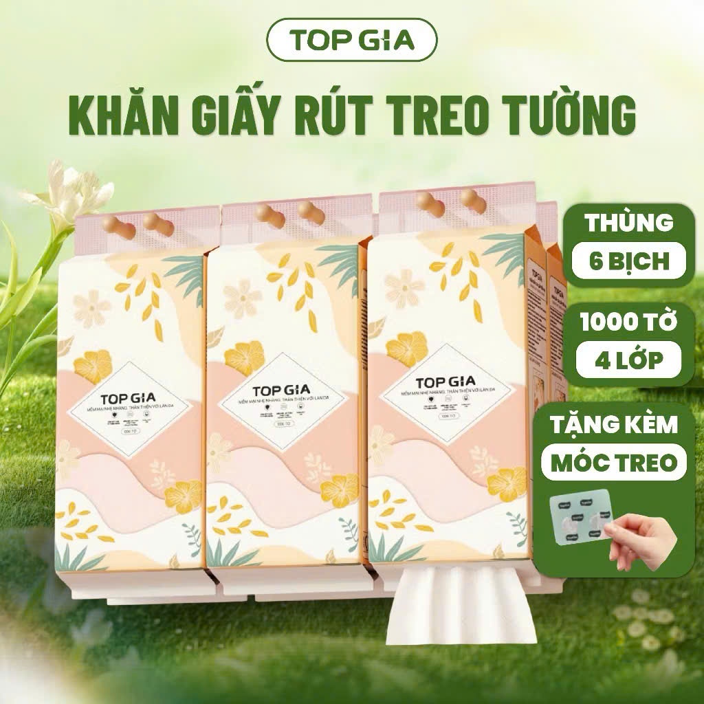 1 BỊCH 1280 tờ [Tặng Móc treo]  Khăn giấy rút Top Gia treo tường, giấy vệ sinh đa sắc 1280 tờ, dập v