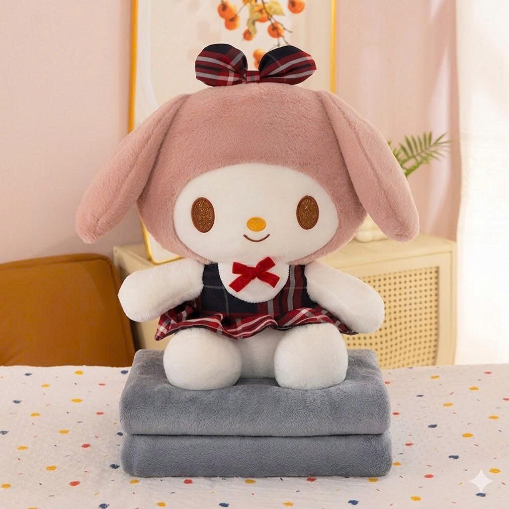 Gấu Bông Kuromi Melody Mặc Váy Kẻ Đỏ Kèm Chăn ANVIHOME Dễ Thương Sang Trọng, Gấu Kuromi Melody Cao C