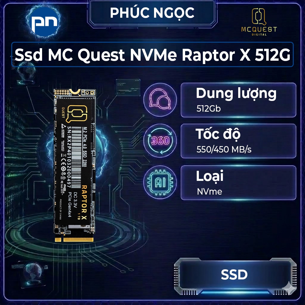 Ổ cứng SSD MCQuest NVMe Raptor X 512Gb, ổ cứng máy tính tốc độ cao, ổ cứng SSD 512Gb - Phúc Ngọc