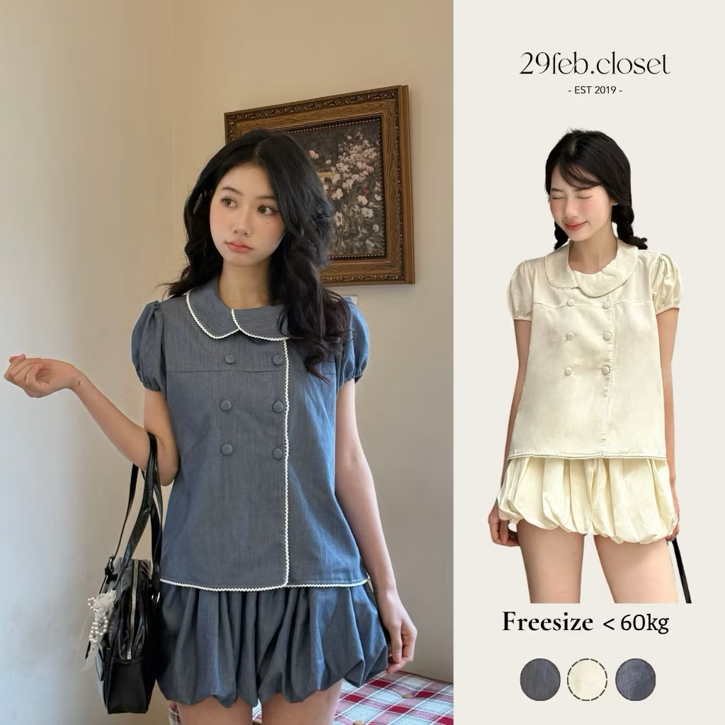 [Thanh lý] Set áo cổ lệch và chân váy bí 29FEB. CLOSET NEW TAG (ảnh thật_Đọc kỹ mô tả)