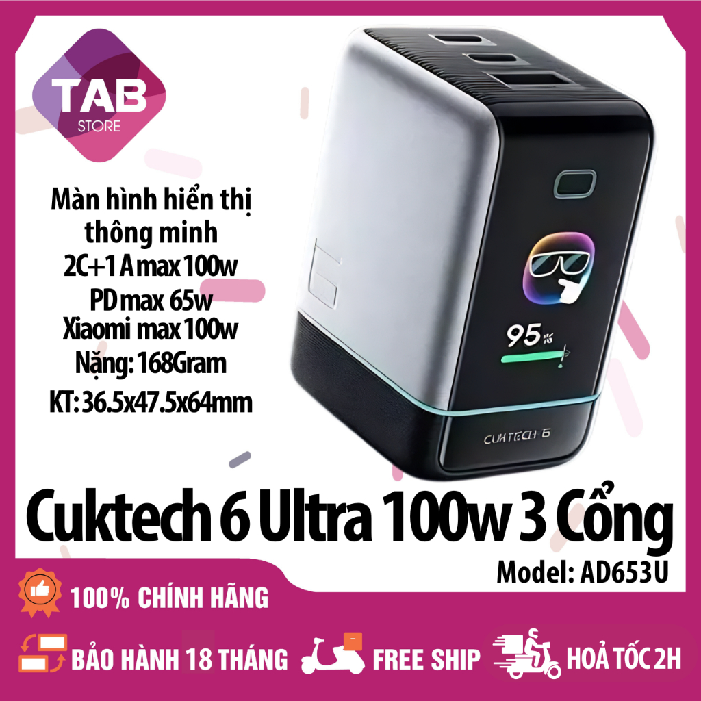 Sạc CUKTECH 6 Ultra GaN 100W 3 Cổng Có Màn Hình, Xiaomi 100w PD 65w AD653U - Bảo Hành 18 Tháng | BigBuy360 - bigbuy360.vn
