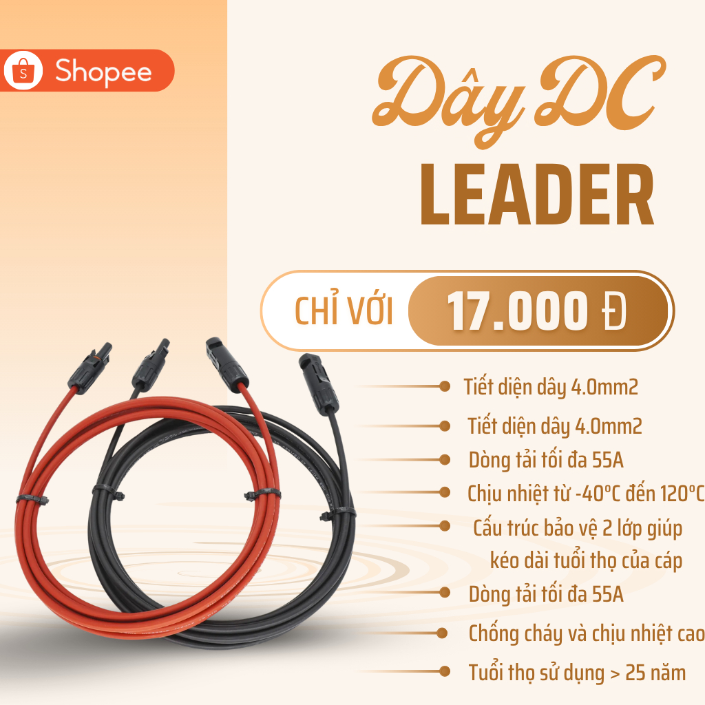 Dây DC Leader bấm sẵn 2 đầu cos MC4 – Cáp điện năng lượng mặt trời 4.0mm² chất lượng cao, chịu nhiệt