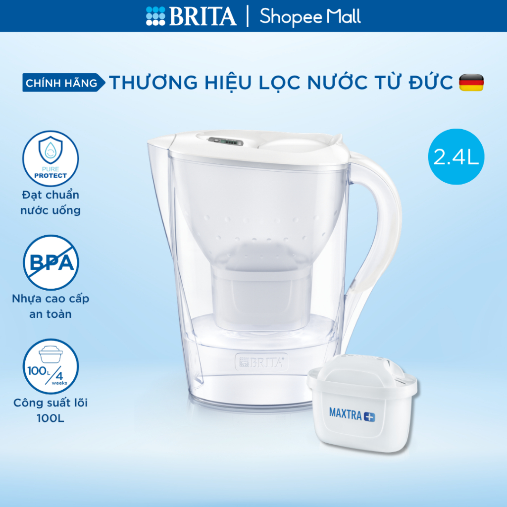 Bình lọc nước BRITA Marella Cool White 2.4L (có sẵn 1 lõi lọc Maxtra Plus 100L)