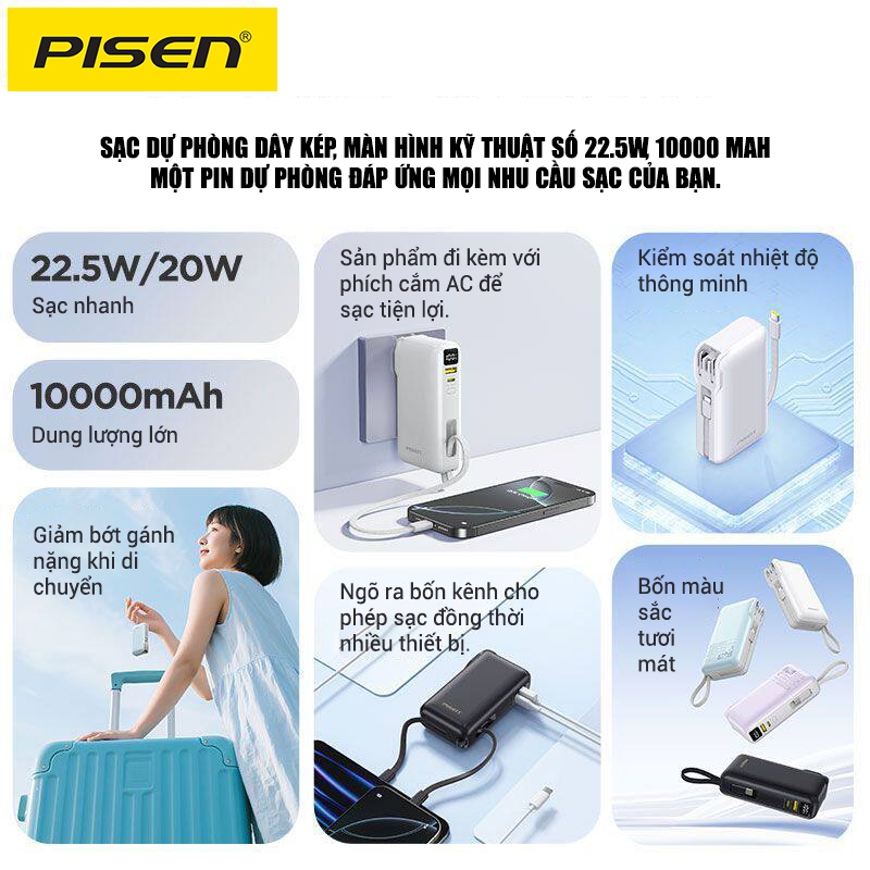 [Hỏa tốc] Sạc dự phòng chân cắm PISEN QUICK High Power Box 10000mAh OWN 22.5W kèm 2 cáp - Chuẩn CCC | BigBuy360 - bigbuy360.vn