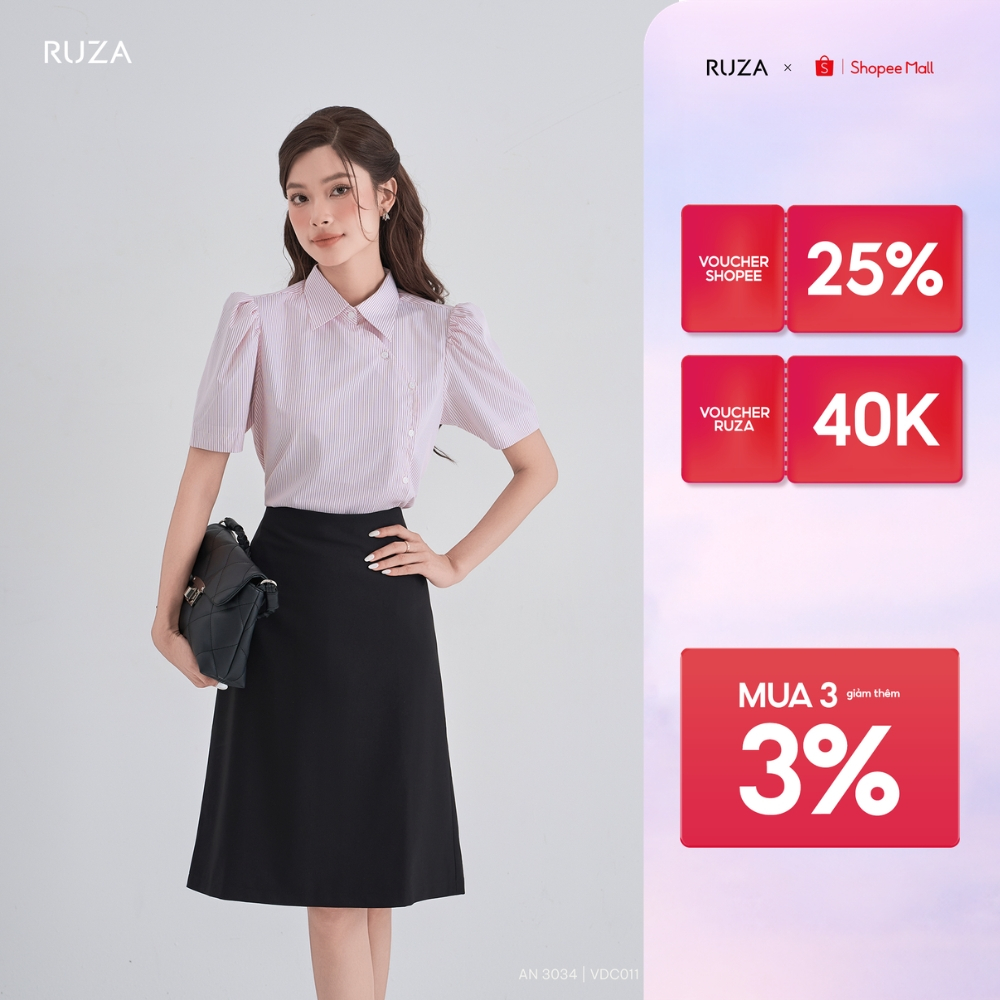 Áo sơ mi nữ RUZA tay ngắn sọc kate tinh tế thời trang công sở AN 3034