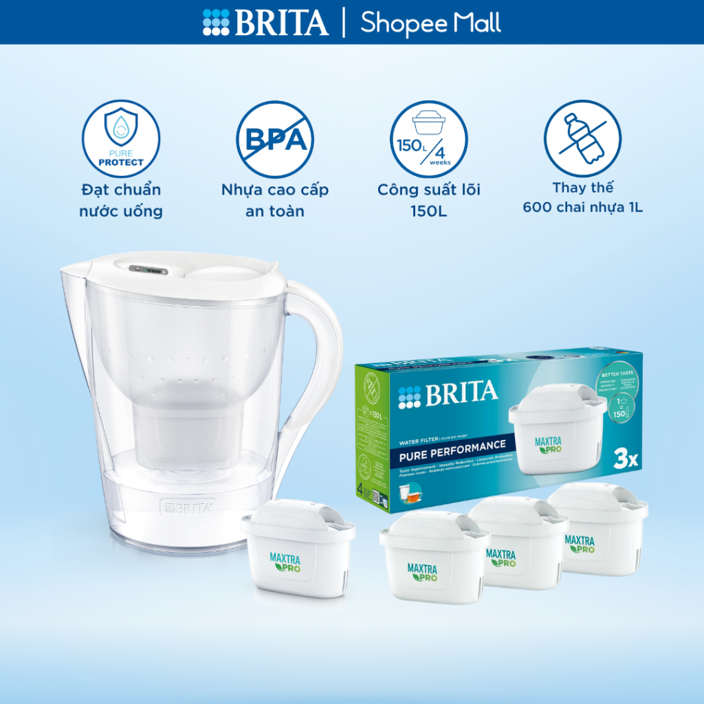 Combo Bình lọc nước BRITA Marella XL 3.5L + Hộp 3 lõi lọc BRITA Maxtra Pro