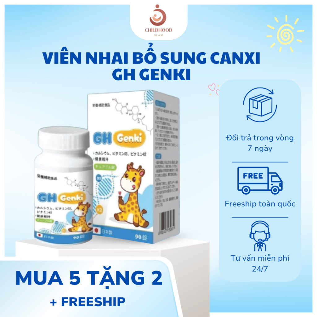 Viên Nhai Canxi GH Genki Nhật Bản (Lọ 90 viên) - Thực Phẩm Bổ Sung Canxi Tăng Chiều Cao Cho Trẻ