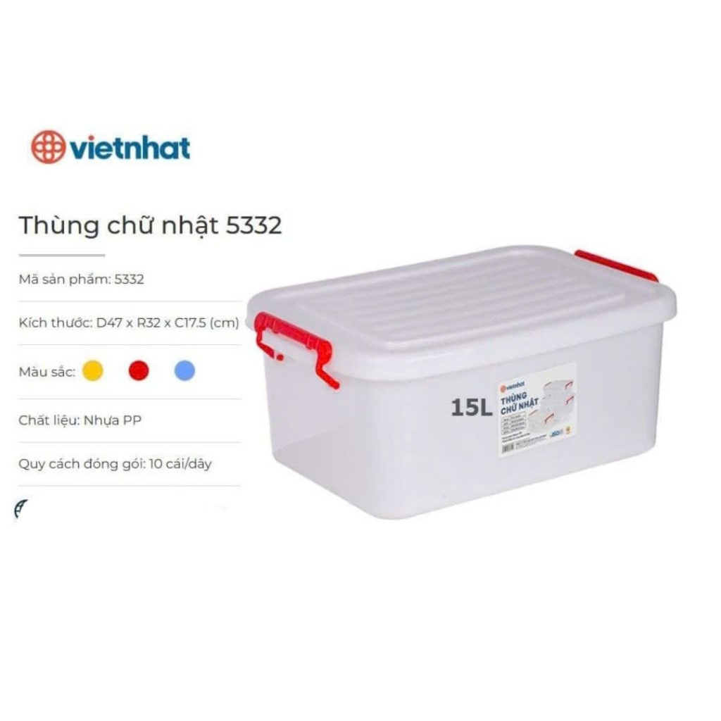 Thùng chữ nhật 15l 5332 đựng đồ gia đình,nhựa việt nhật trắng trong suốt