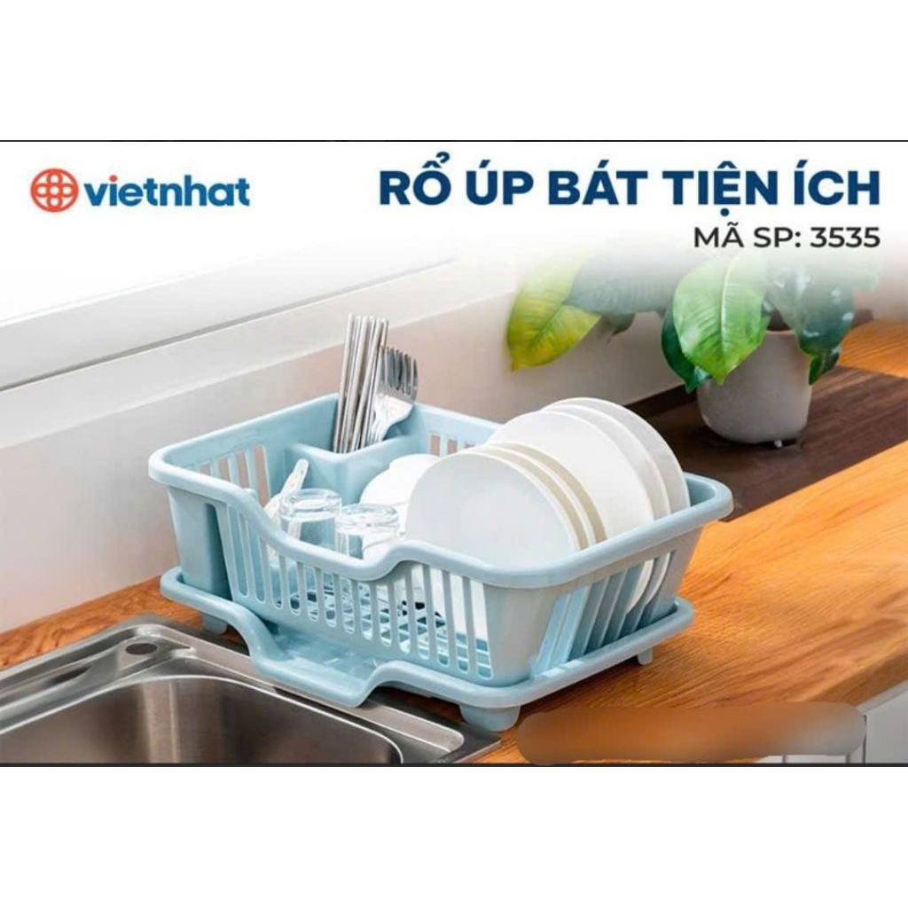 Rổ úp bát tiện ích Việt Nhật 3535, rổ nhựa đựng bát đũa có khya hứng nước