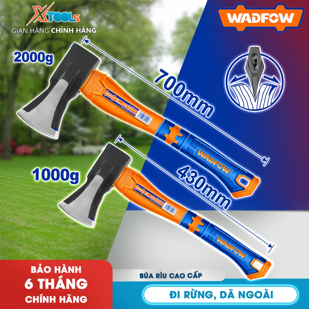 Búa rìu đa năng WADFOW thép Cr-V, rìu bổ củi cán nhựa nặng 1000-2000g, dã ngoại, đi rừng, rìu chặt c