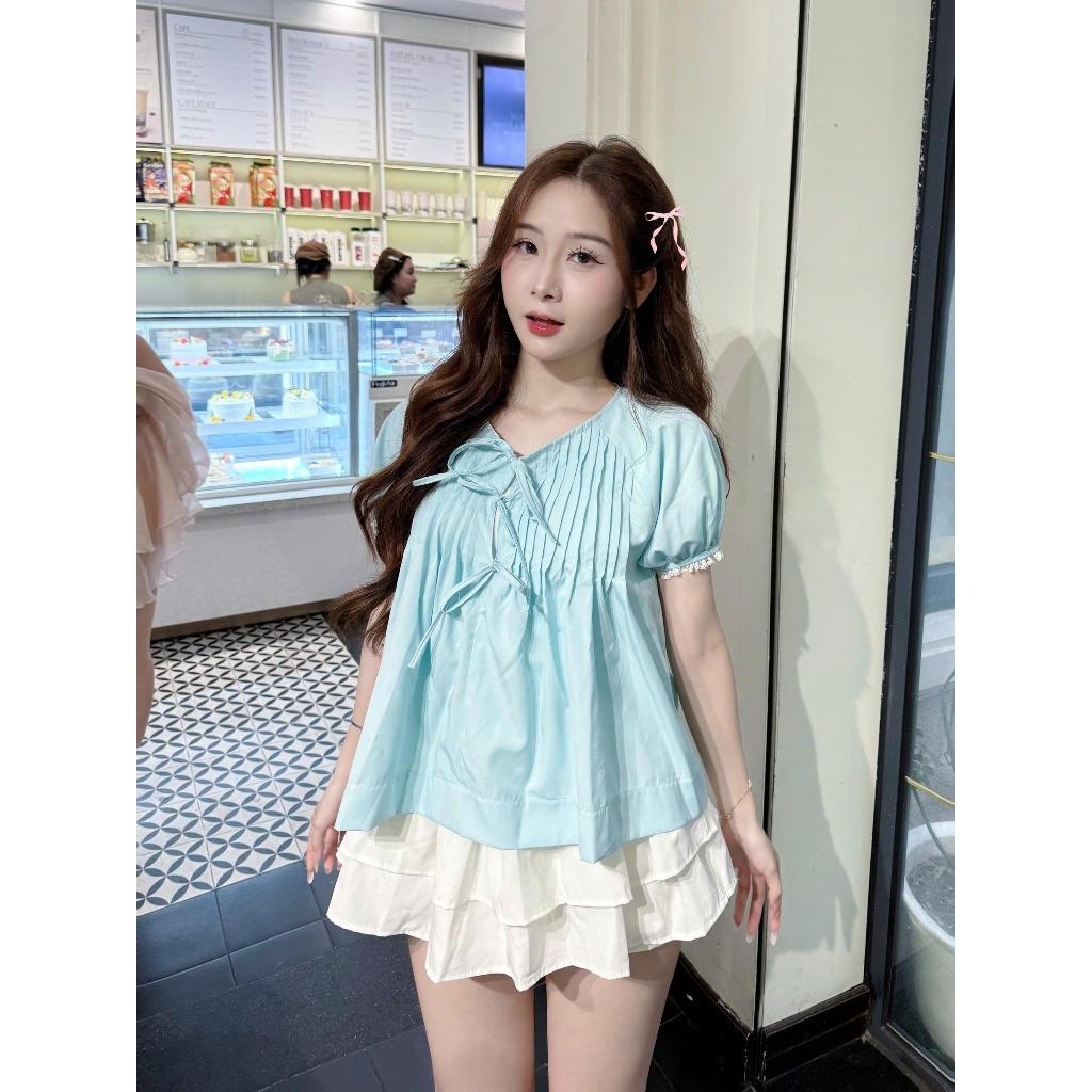 Áo kiểu nữ, áo babydoll xếp ly ngực buộc dây nơ tay bồng viền ren dễ thương (kèm quà tặng) AOT117 | BigBuy360 - bigbuy360.vn