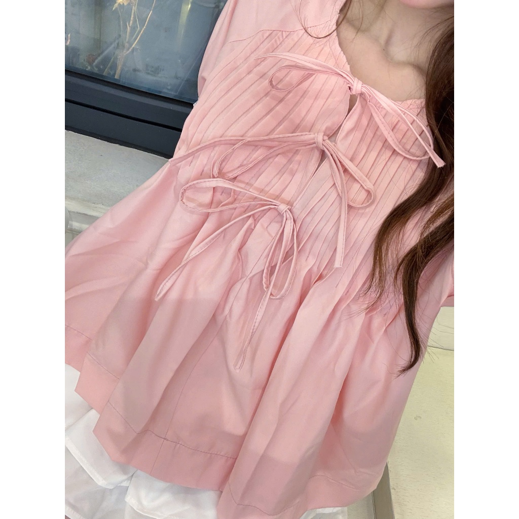 Áo kiểu nữ, áo babydoll xếp ly ngực buộc dây nơ tay bồng viền ren dễ thương (kèm quà tặng) AOT117 | BigBuy360 - bigbuy360.vn