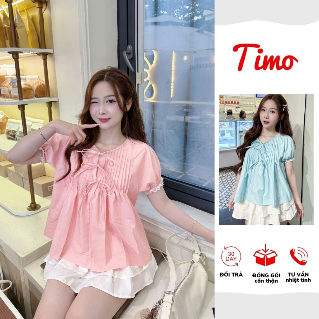 Áo kiểu nữ, áo babydoll xếp ly ngực buộc dây nơ tay bồng viền ren dễ thương (kèm quà tặng) AOT117 | BigBuy360 - bigbuy360.vn