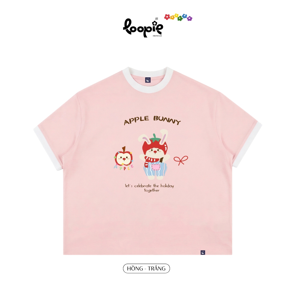 Áo Boxy Phối Tay LOOPIE CLUB BST103 Apple Bunny - Áo Phông Ringer Cotton 2 Chiều Aesthetic