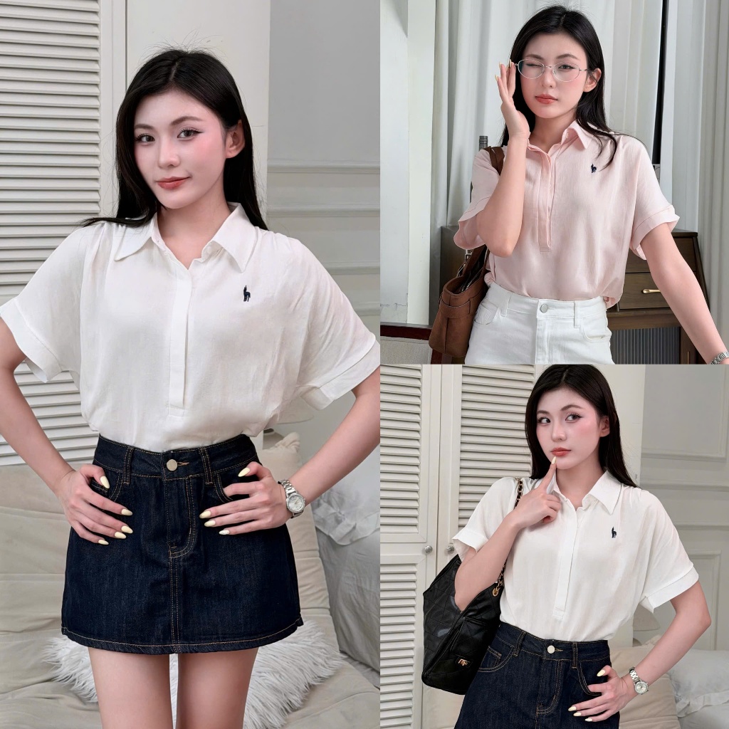 Áo sơ mi nữ LICHI HOUSE dáng rộng chất thô đũi Hàn thêu phong cách nhẹ nhàng năng động A5