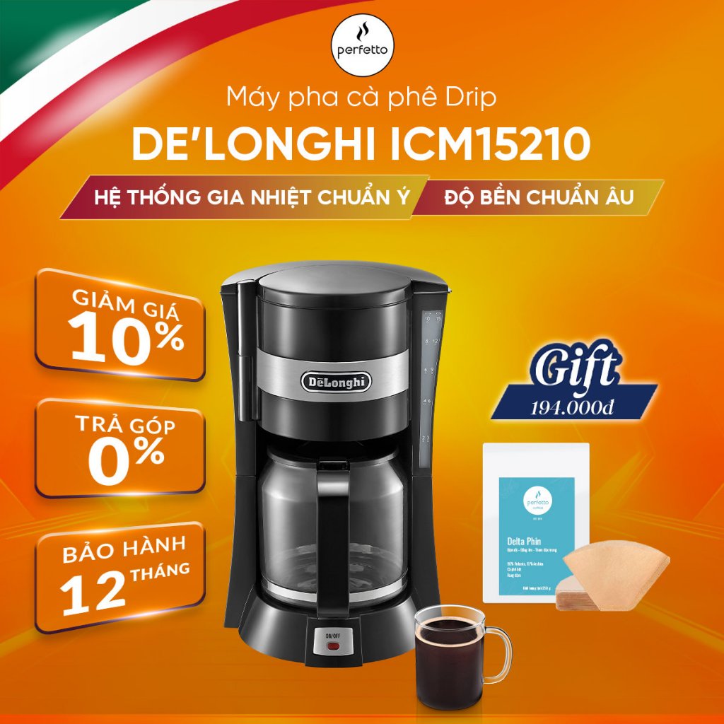 Máy pha cà phê Drip DeLonghi ICM15210.1 - Nhỏ gọn - Bảo hành 12 tháng