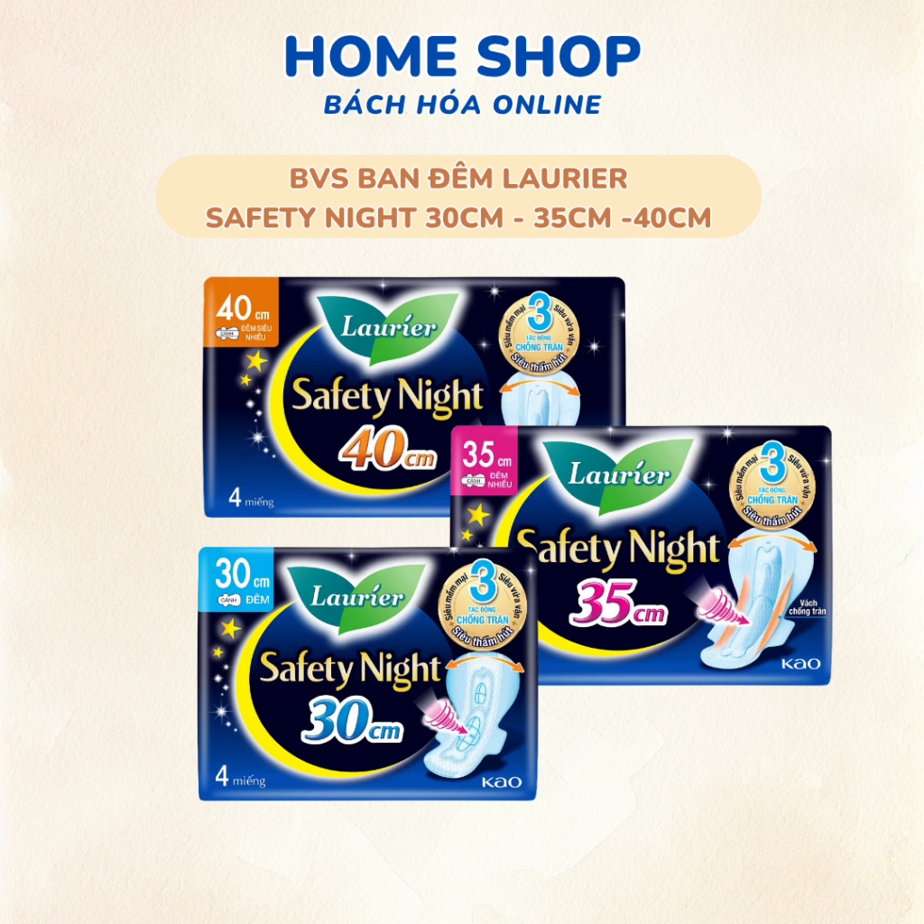 [Mẫu Mới] Băng vệ sinh ban đêm siêu thấm chống tràn Laurier Safety Night 30cm 35cm 40cm