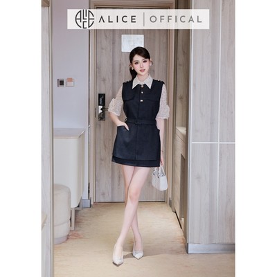 Set Bộ Nữ Alice Cao Cấp, Gile Jean Lụa Cao Cấp Kèm Đai, Áo Sơ Mi Chấm Bi Tay Lửng Phối Hoa A1076+S1077