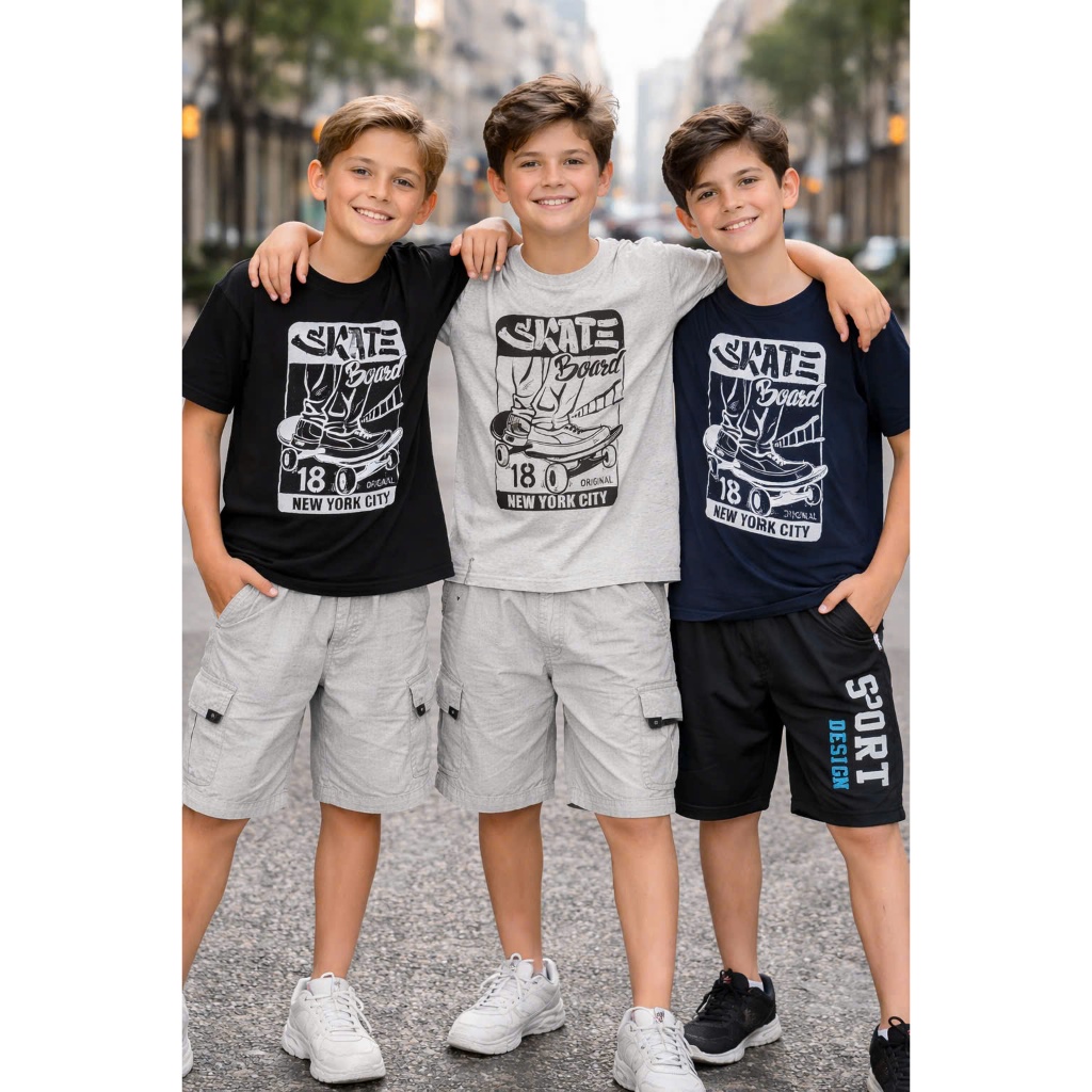 Áo thun bé trai Hqlens ngắn tay in hình Ván trượt - Áo phông Cotton 4 chiều co giãn cho bé từ 10-16 