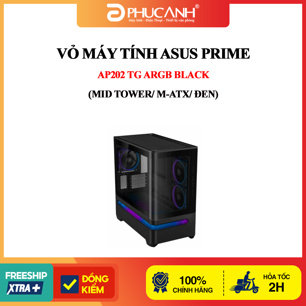 Vỏ máy tính Asus Prime AP202 TG ARGB BLACK (Mid Tower/ M-ATX/ Đen)