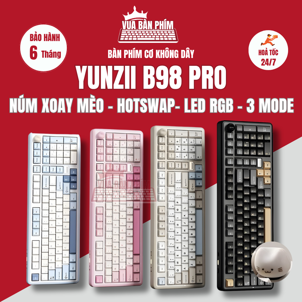 Bàn phím cơ Yunzii B98 pro | yunzii b98 không dây led núm xoay hình mèo dễ thương mạch xuôi, keycap pbt doubleshot