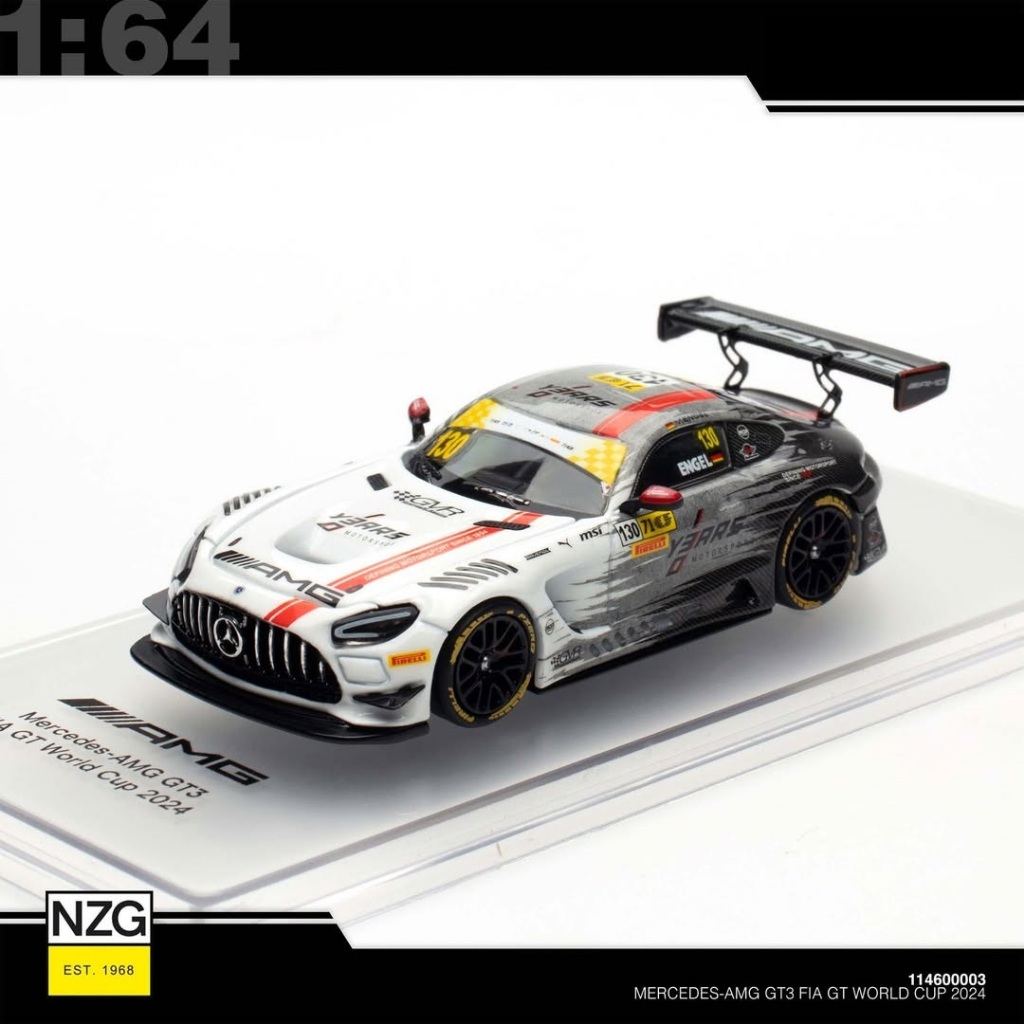 Mô hình xe Mercedes AMG GT3 2024 Macau Winner Maro Engel 130# tỉ lệ 1:64 Kilo Works KW x NZG OT64717