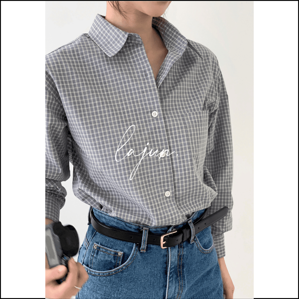 [LAJUN KOREA] Áo Sơ Mi Ellia Kẻ Caro Nhỏ Form Suông Rộng Tay Dài Túi Trước Basic Dễ Phối