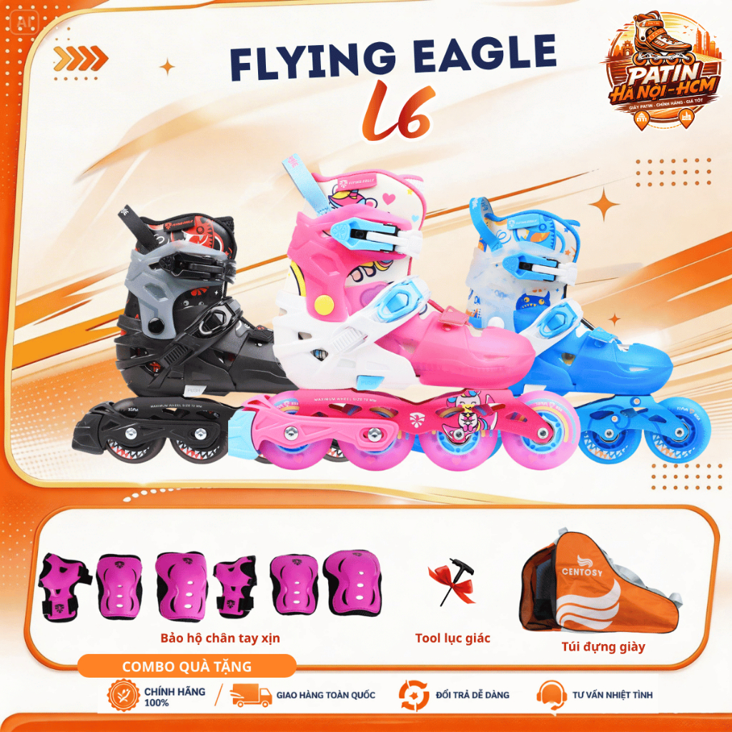 Giày patin trẻ em Flying Eagle L6 có 8 bánh đèn, bánh cao su đặc, càng hợp kim nhôm chịu lực dưới 90