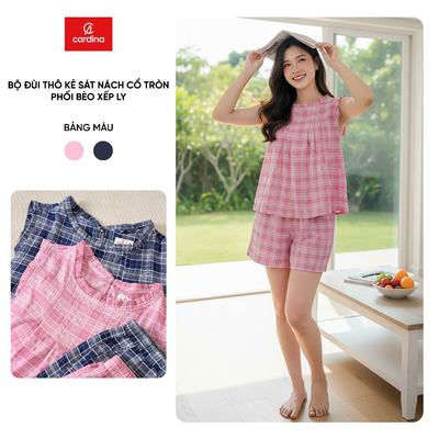 Bộ đồ mặc nhà nữ CARDINA chất liệu thô kẻ sát nách đùi cổ tròn phối bèo xếp ly 6BON07