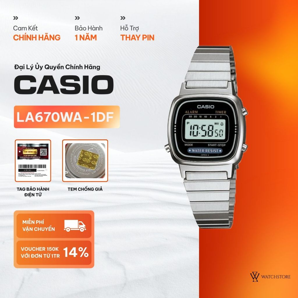 Đồng Hồ Điện Tử Nữ Casio LA670WA-1DF  Mặt Kính Nhựa 24.6mm Chống Nước Dây Kim Loại  Chính Hãng