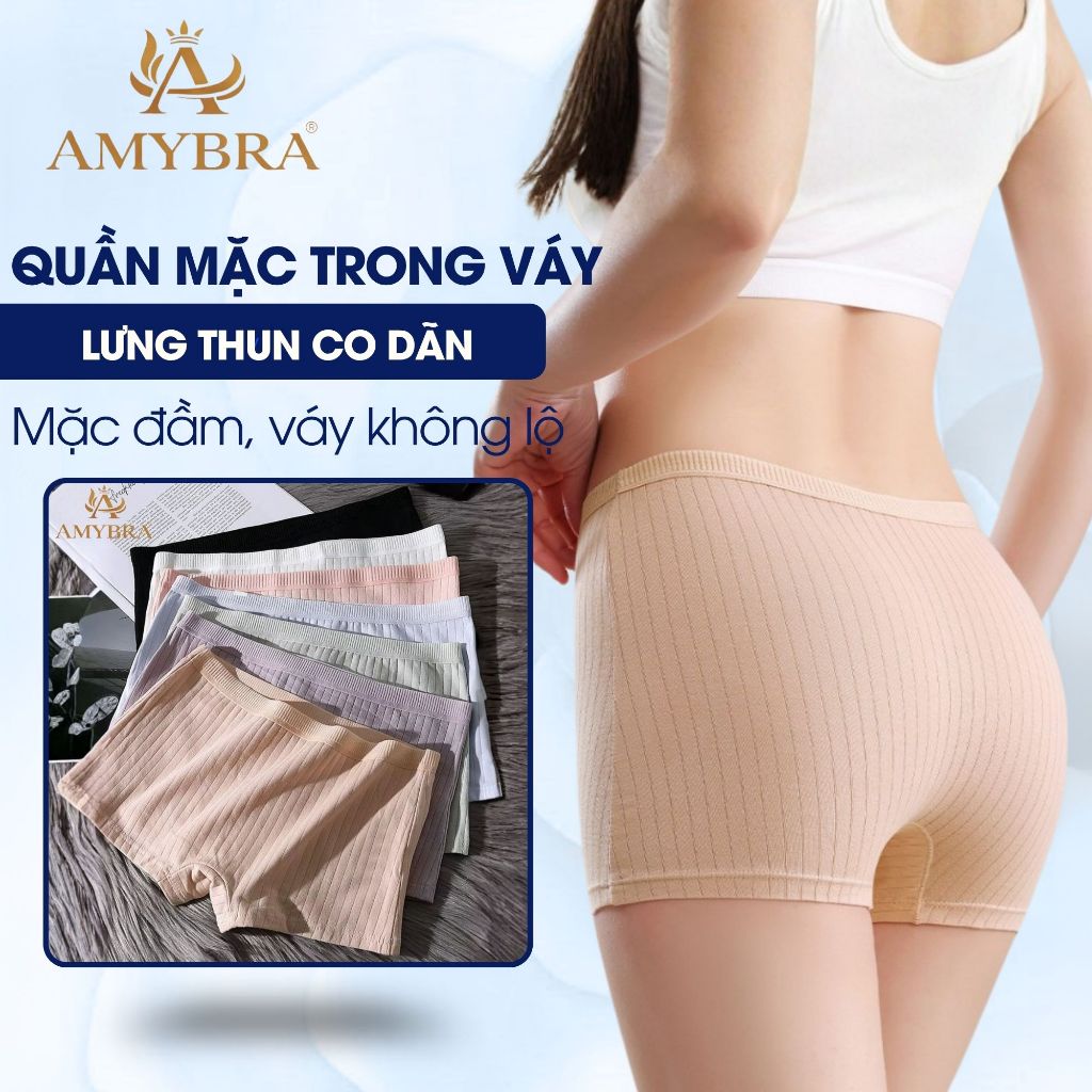 [XẢ HÀNG] Quần mặc trong váy Quần boxer nữ cotton gân mềm mại, Quần chIp nữ dáng đùi chống lộ AMYBRA