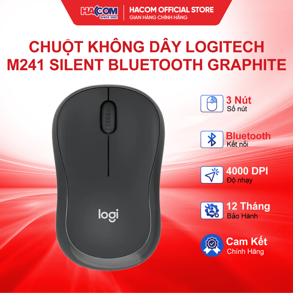 Chuột Không Dây Logitech M241 Silent Bluetooth Graphite - Bảo Hành 12 Tháng HACOM PC
