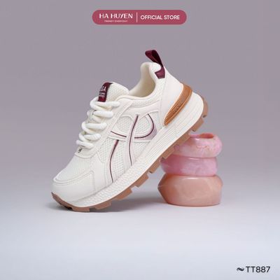 Giày thể thao nữ Sneaker HÀ HUYỀN dây buộc da lì phối lưới hông vạch độn đế 5cm - TT887
