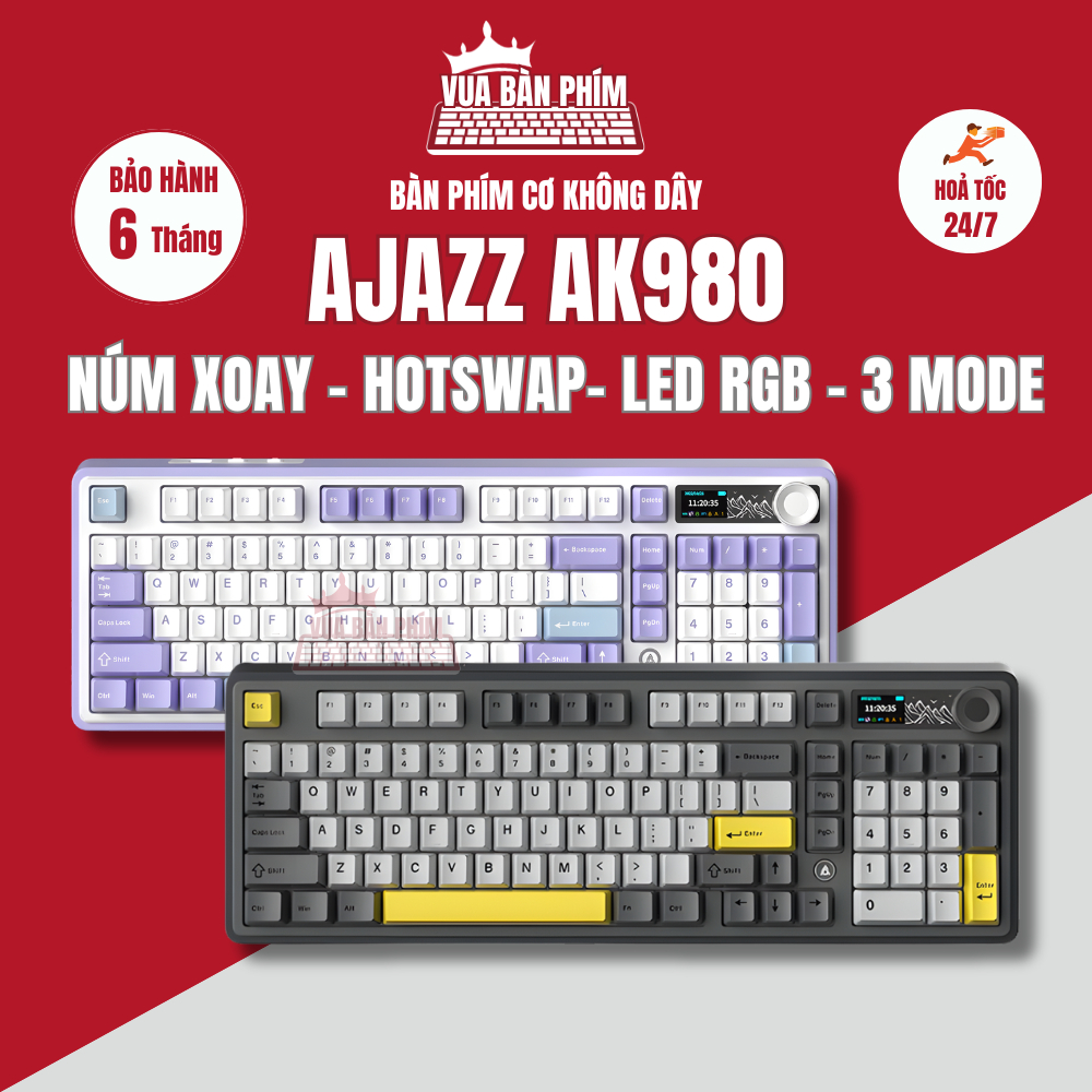 Bàn phím cơ Ajazz Ak980 Pro không dây 3 mode, fullsize , màn hình tft , mạch xuôi,  led rgb, pin 100