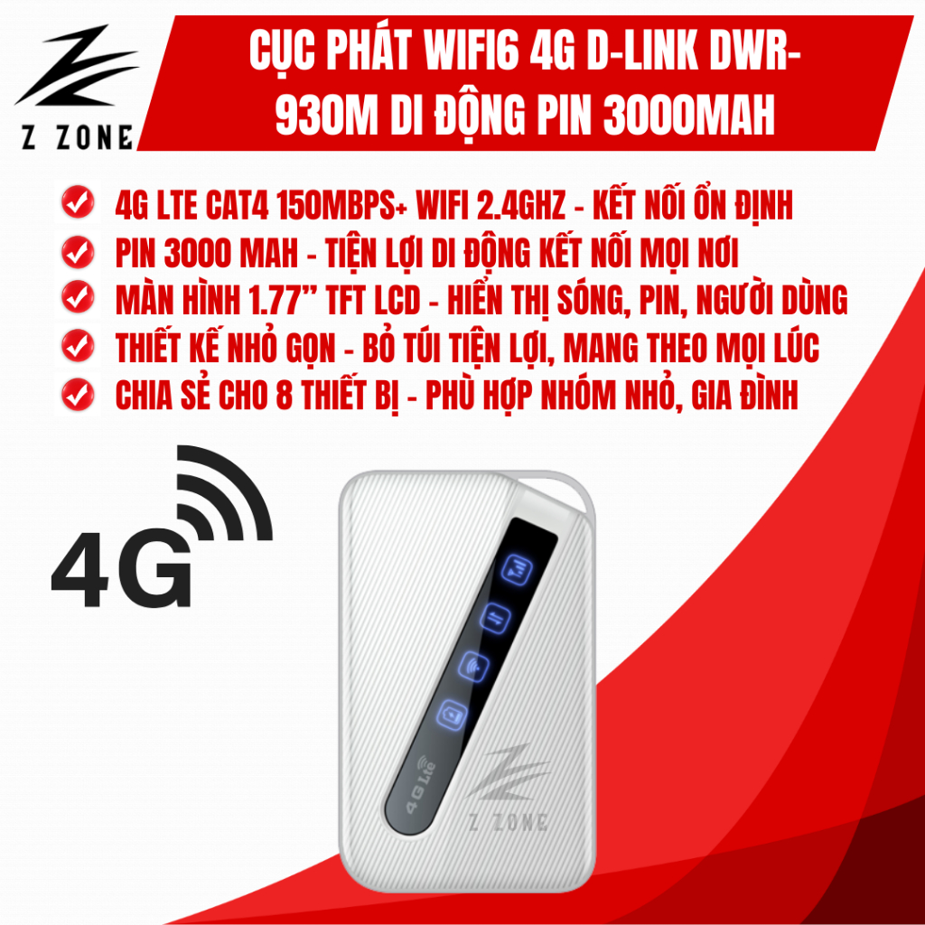 Bộ Phát WiFi6 4G Di Động D-Link DWR-930M, Pin 3000mAh, Cat 4, Màn Hình LCD 1.77 Inch