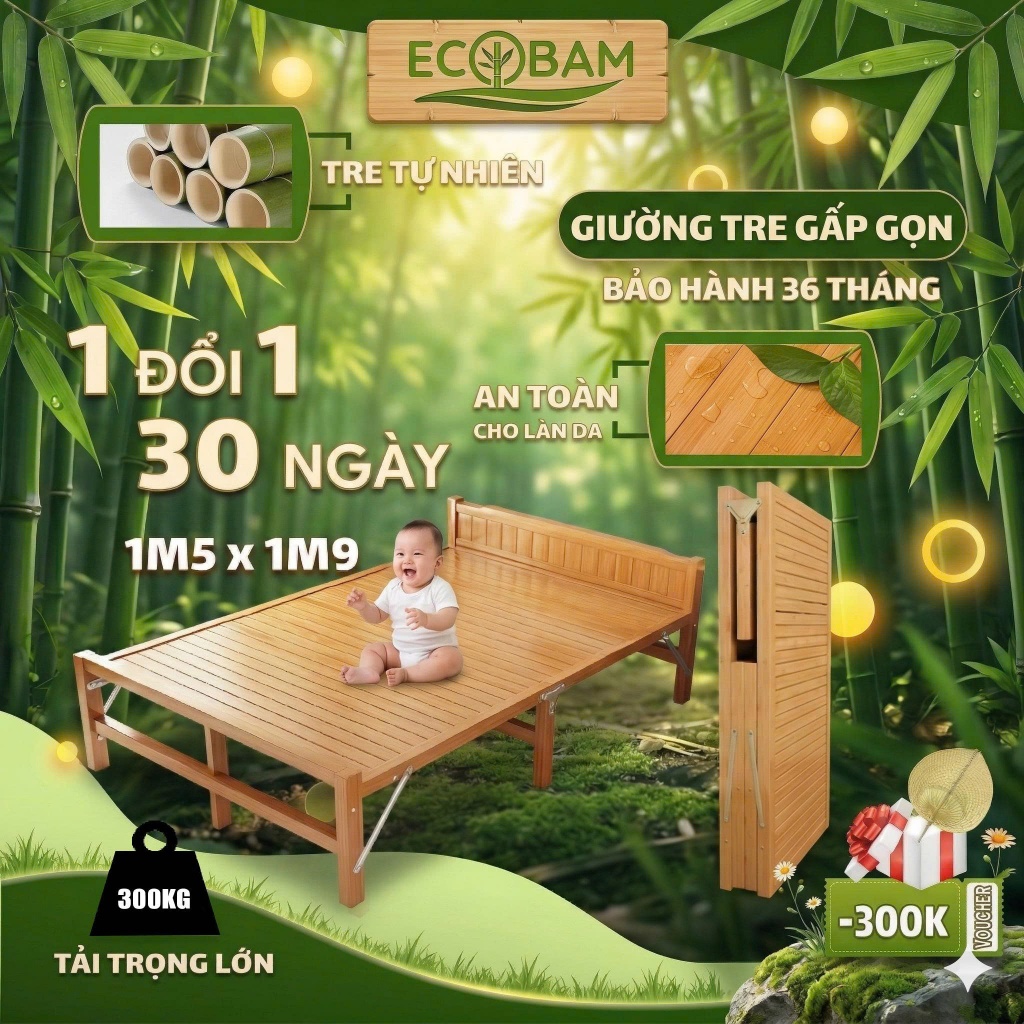 [SIÊU HOT] Giường tre gấp gọn thông minh ECOBAM, giường xếp gấp gọn gỗ tre tự nhiên, giường gấp gọn 