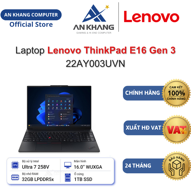 Laptop Lenovo ThinkPad E16 Gen 3 22AY003UVN (Ultra 7 258V, 32GB_DDR5, SSD_1TB,16" WUXGA,Win 11) Chín