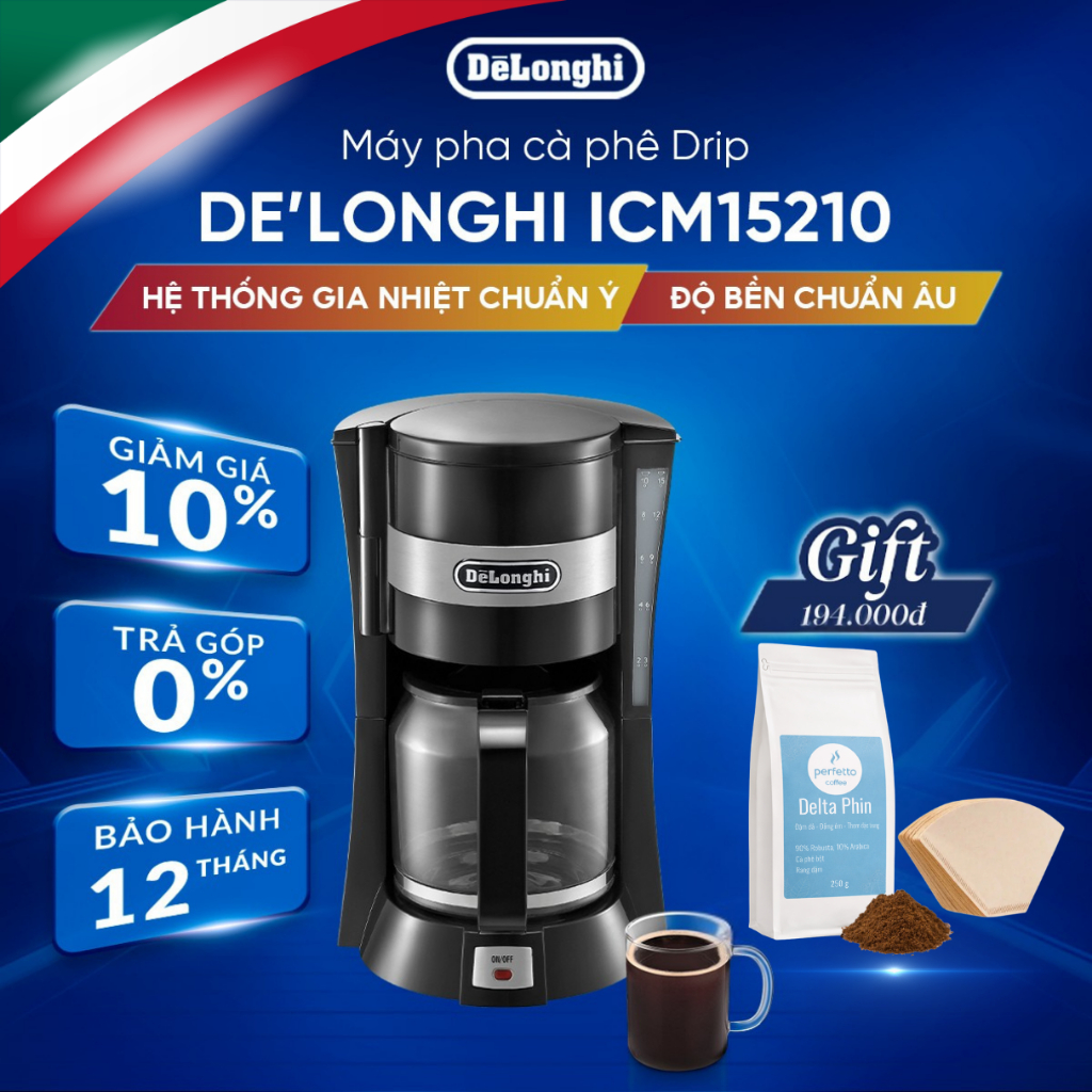 Máy pha cà phê Drip DeLonghi ICM15210.1 – Thiết kế nhỏ gọn, pha 10 tách nhanh chóng